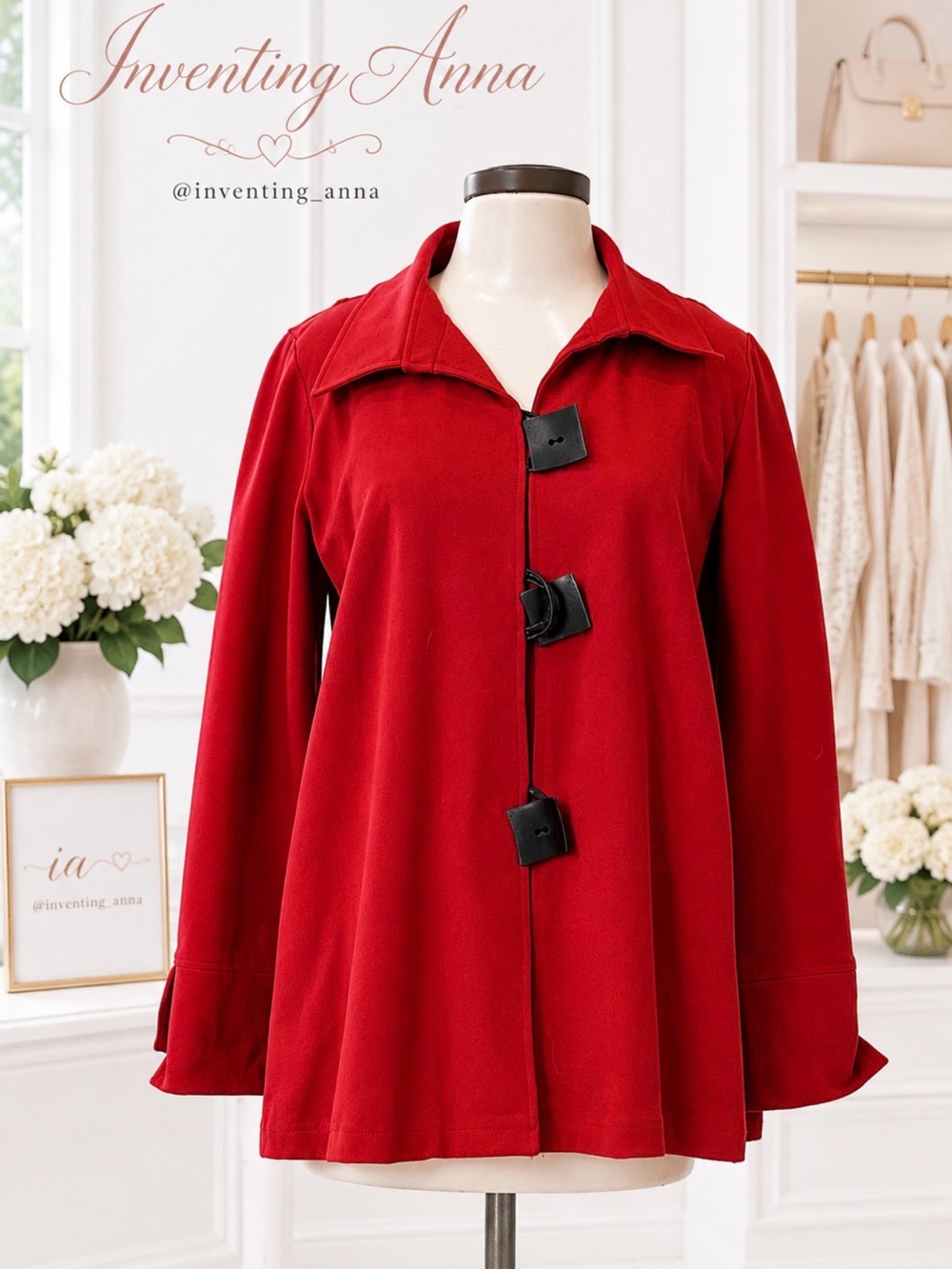 LUII Red Long Sleeve Pea Coat w/Pockets and Square Toggle Buttons